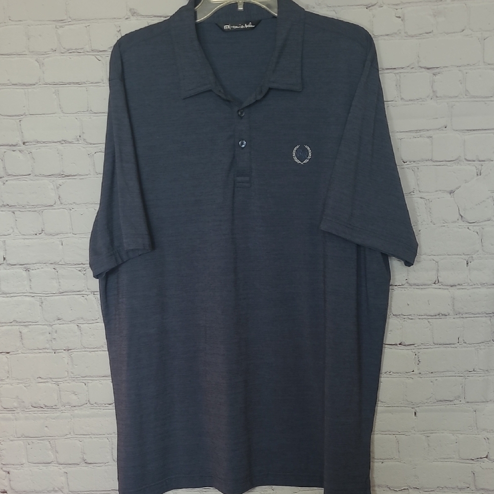 Travis Mathew Size XXL Heather Dark Blue Polo Casual Outdoor Club Logo Crest